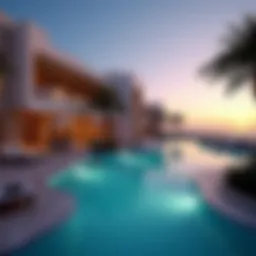 Stunning architectural view of Cove Rotana Resort at sunset