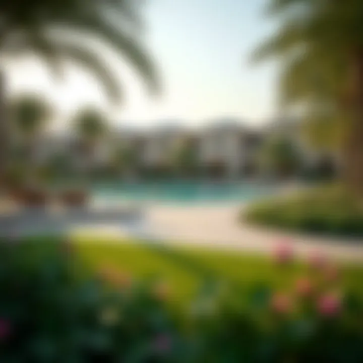 Community amenities in Dubai Land featuring a lush park and recreational facilities