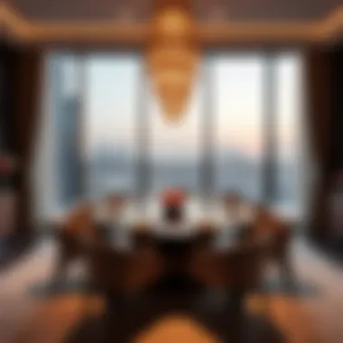 Exclusive Dining Area with Skyline View Exclusive dining area with skyline view in a Dubai penthouse