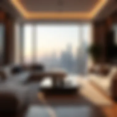 Elegant Living Room with Panoramic Cityscape Luxurious penthouse living room with stunning views