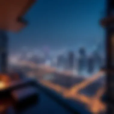 Night view of Dubai skyline from a penthouse balcony